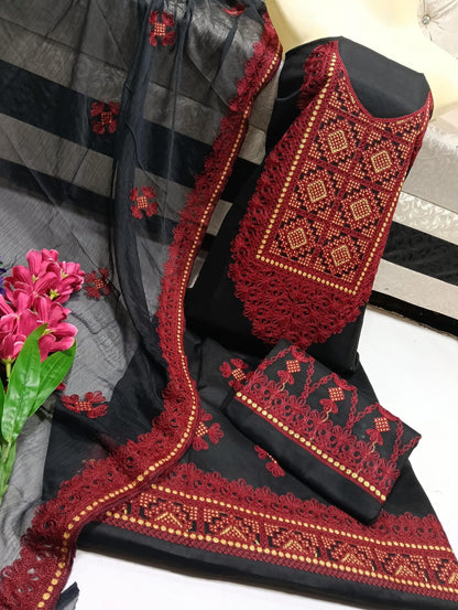 Cross-Stitch Embroidered 3-Piece Unstitched Suit with Cutwork Dupatta