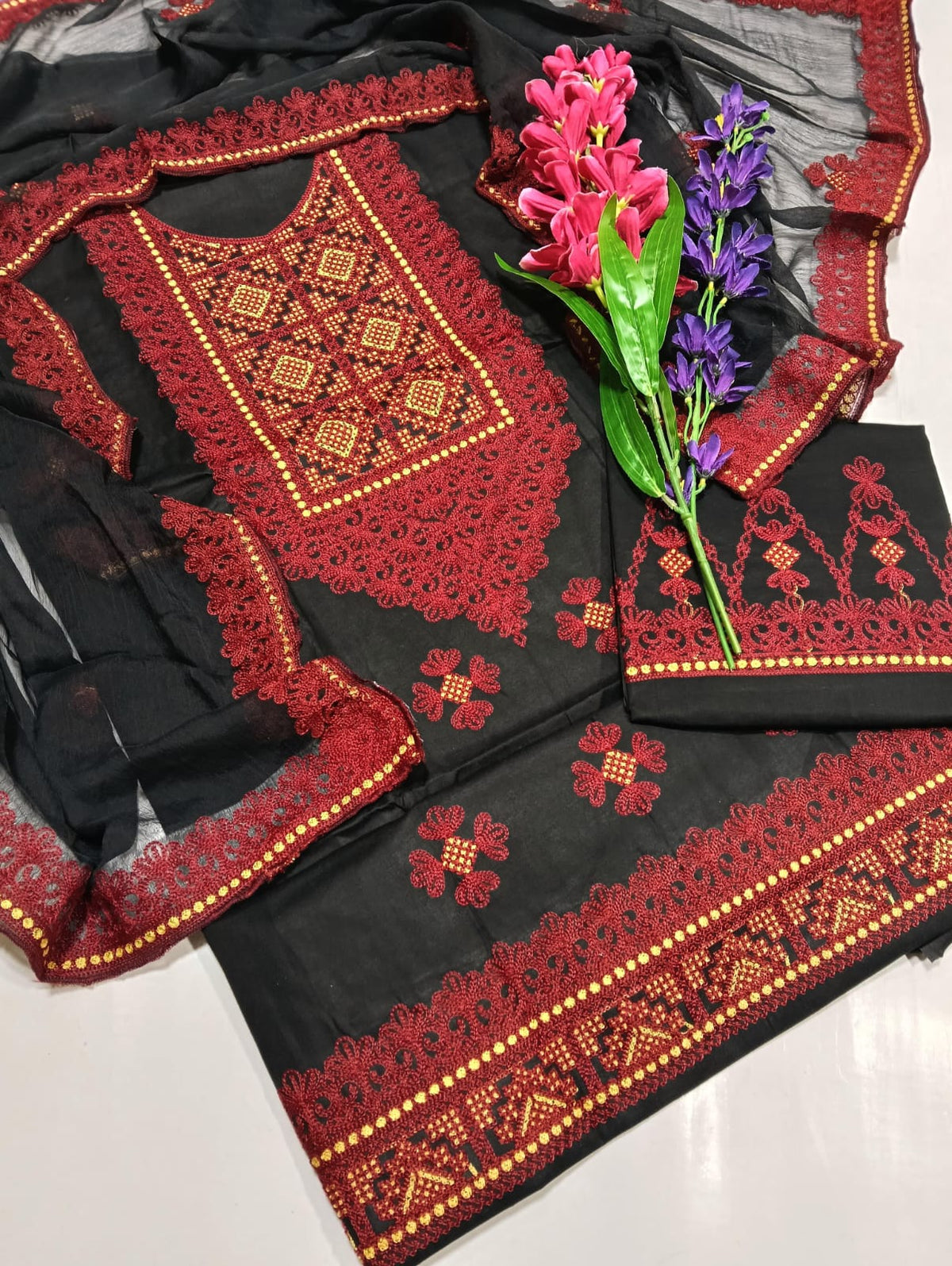 Cross-Stitch Embroidered 3-Piece Unstitched Suit with Cutwork Dupatta