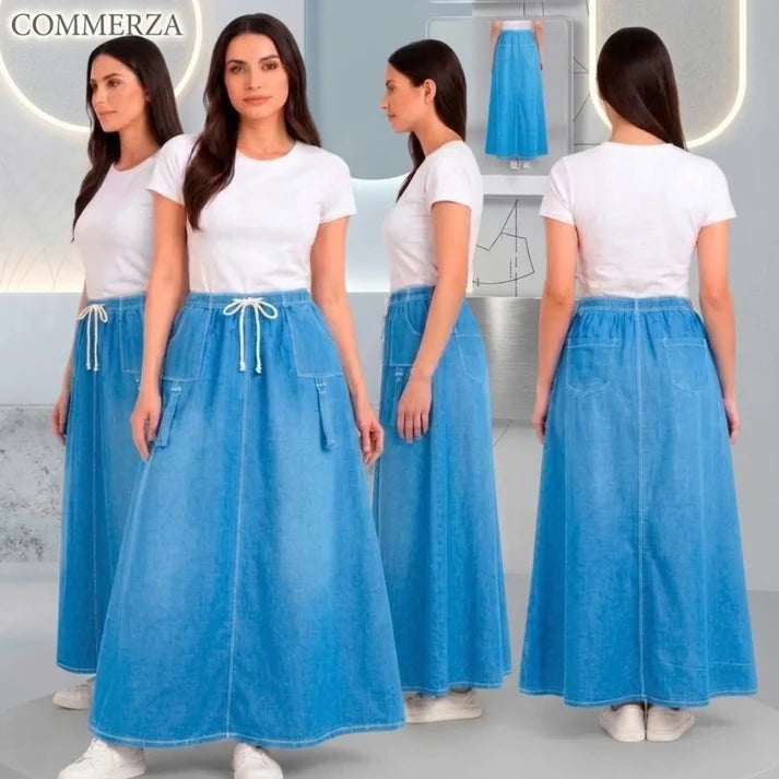 Women’s High-Waisted Drawstring Denim Maxi Skirt