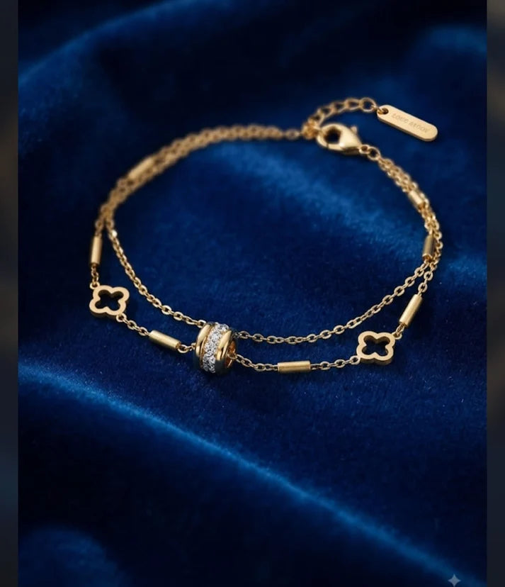 Double-Layer Clover & Crystal Ring Charm Chain Bracelet