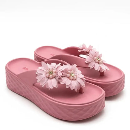 VENDORA Floral Embellished Platform Thong Sandals – Pink
