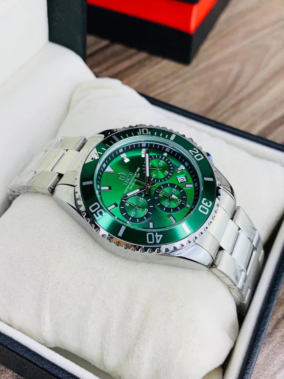 TINZE Men's Emerald Green Dial Chronograph Watch – Stainless Steel Water Resistant Wristwatch