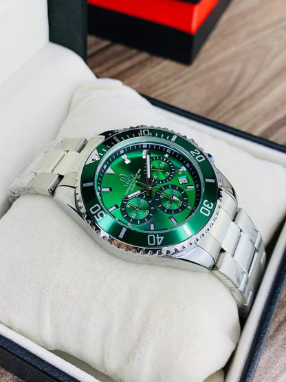 TINZE Men's Emerald Green Dial Chronograph Watch – Stainless Steel Water Resistant Wristwatch