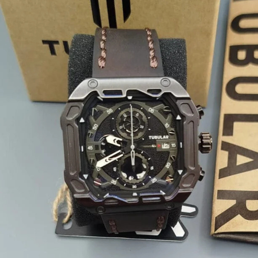 TUBULAR Men's Industrial Square Chronograph Watch – Gunmetal Case & Leather Strap