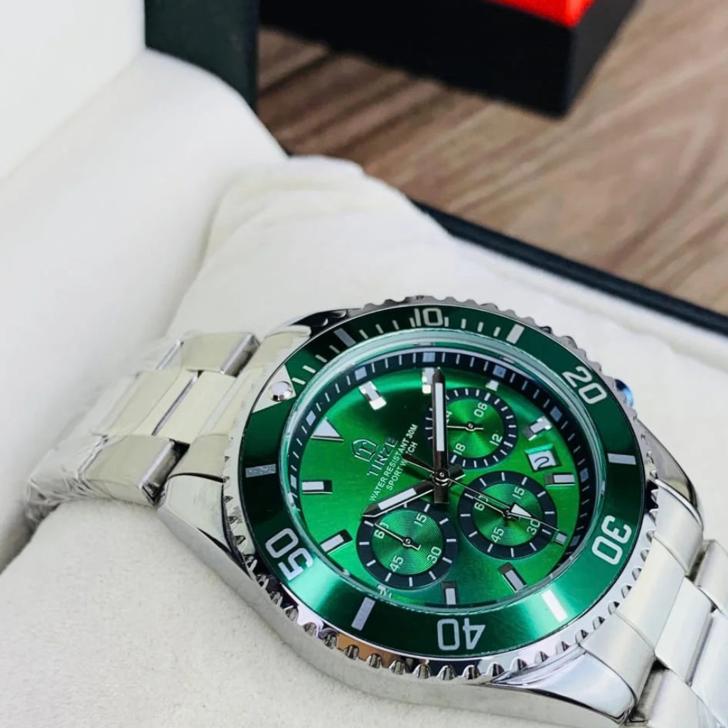 TINZE Men's Emerald Green Dial Chronograph Watch – Stainless Steel Water Resistant Wristwatch