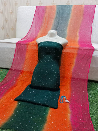 Title: Sequined Unstitched Suit with Multicolor Striped Dupatta