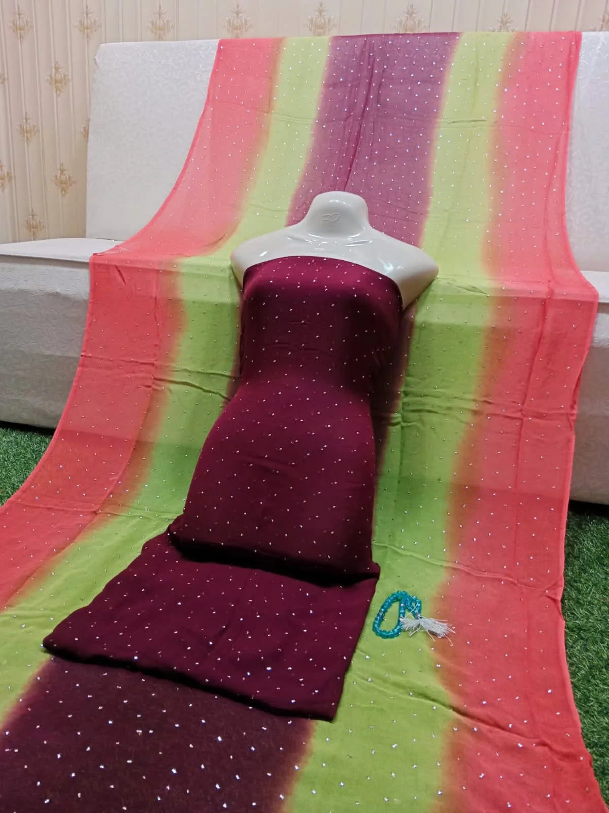 Title: Sequined Unstitched Suit with Multicolor Striped Dupatta