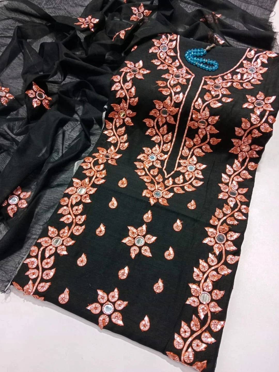 Embroidered Mirror Work 3-Piece Unstitched Suit with Matching Dupatta