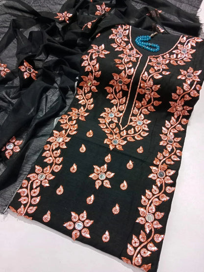 Embroidered Mirror Work 3-Piece Unstitched Suit with Matching Dupatta