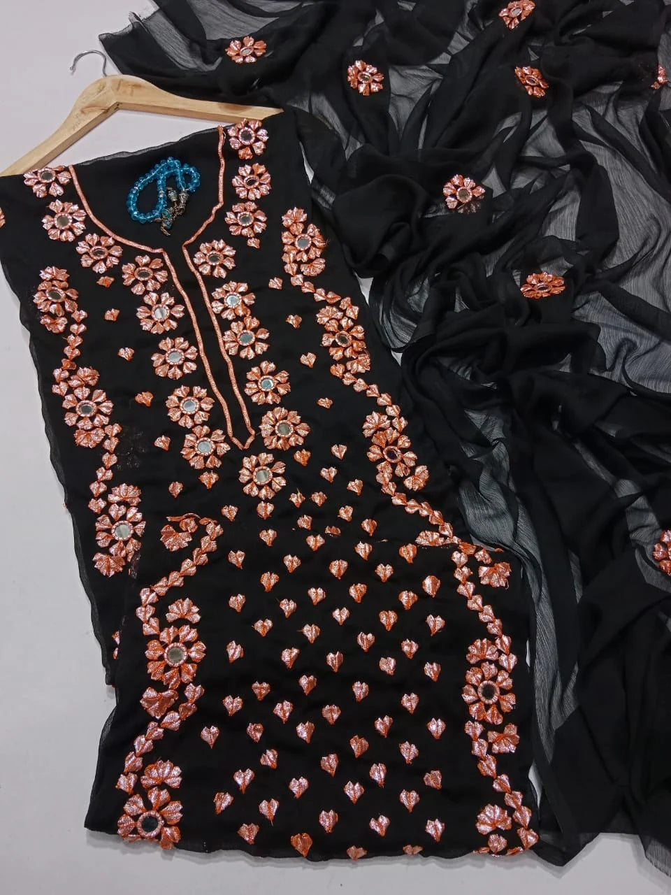 Handwork Chiffon Gotta Suit with Mirror Embellished Dupatta