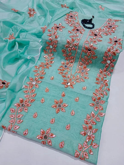 Embroidered Mirror Work 3-Piece Unstitched Suit with Matching Dupatta