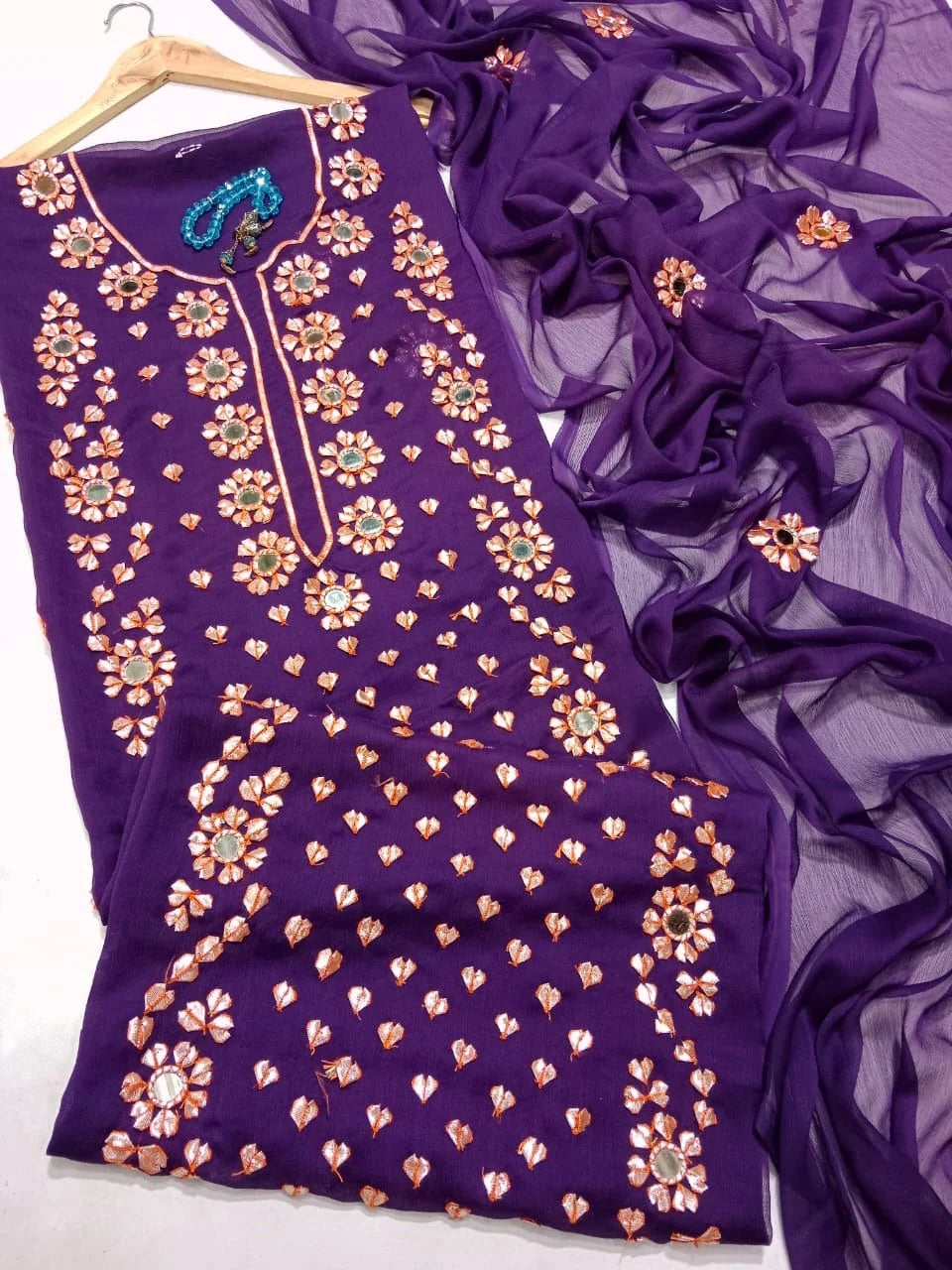 Handwork Chiffon Gotta Suit with Mirror Embellished Dupatta
