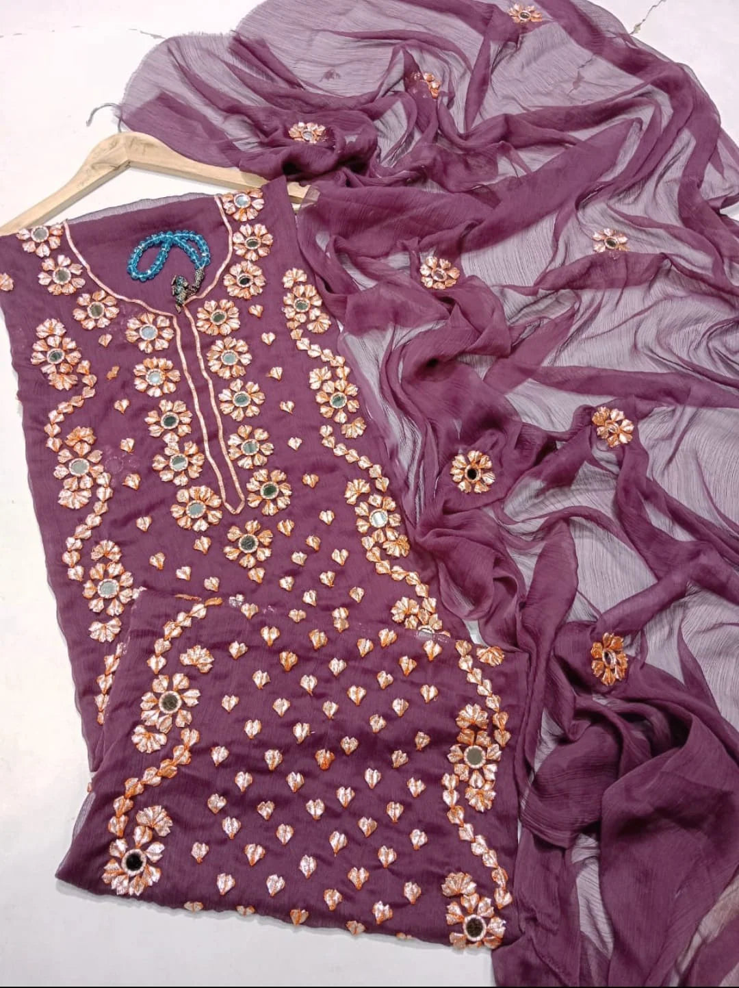 Handwork Chiffon Gotta Suit with Mirror Embellished Dupatta