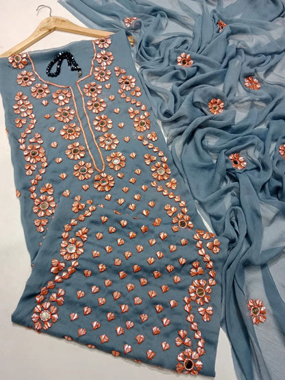 Handwork Chiffon Gotta Suit with Mirror Embellished Dupatta