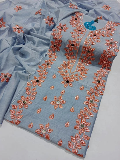 Embroidered Mirror Work 3-Piece Unstitched Suit with Matching Dupatta