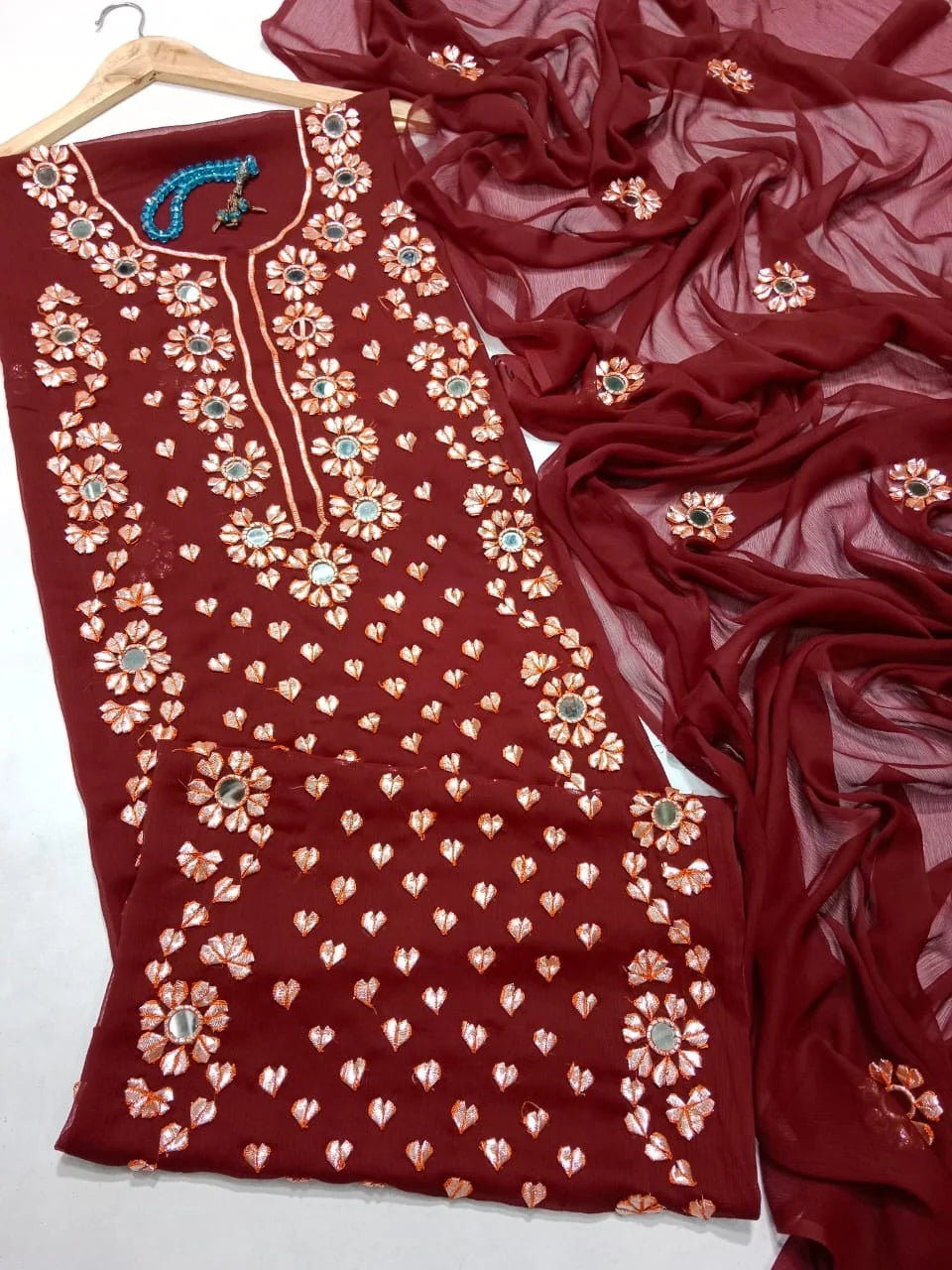 Handwork Chiffon Gotta Suit with Mirror Embellished Dupatta