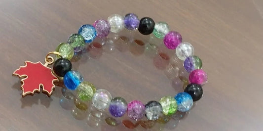 Handmade Crackle Glass Beaded Stretch Bracelet – Maple Leaf Charm Wristband