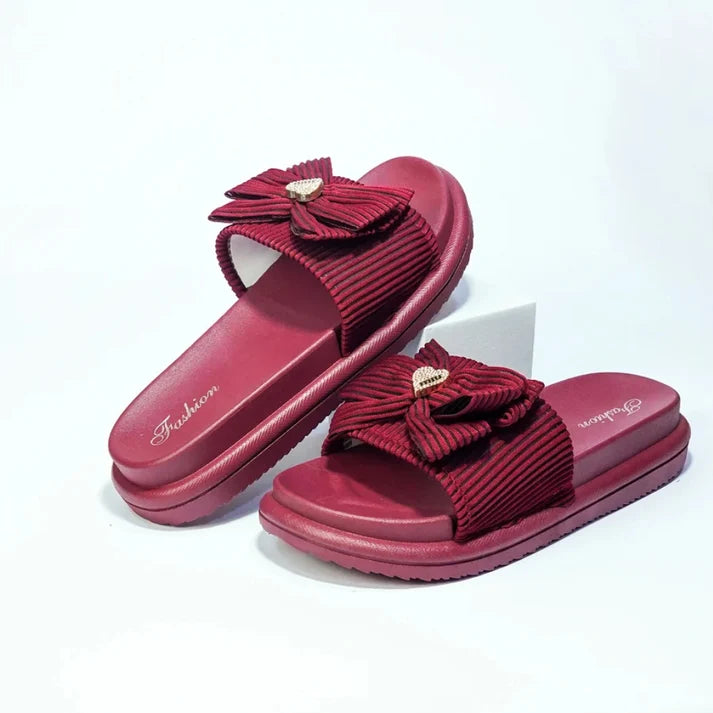 Vendora Ribbed Bow Platform Slides – Maroon