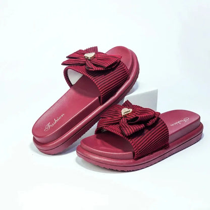 Vendora Ribbed Bow Platform Slides – Maroon