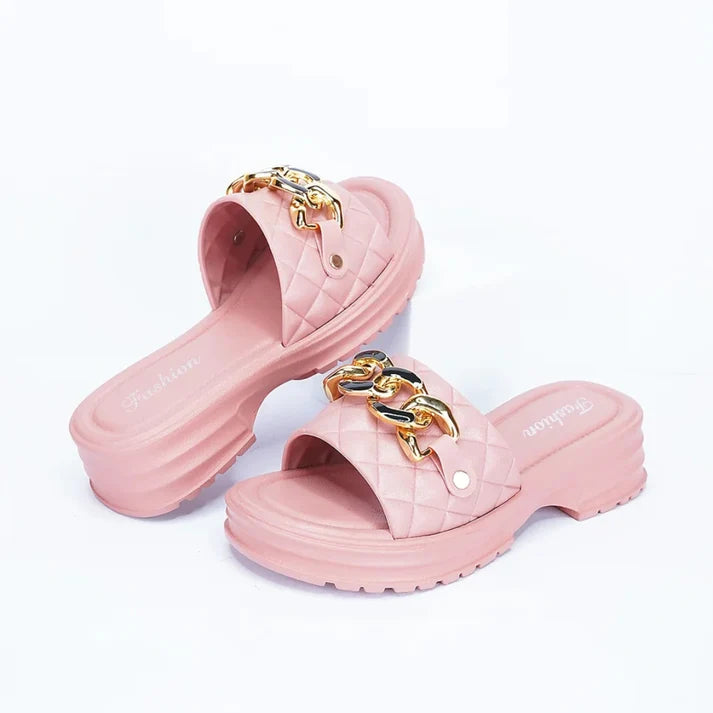 Chic Quilted Platform Slides with Gold Chain Accent – Pink