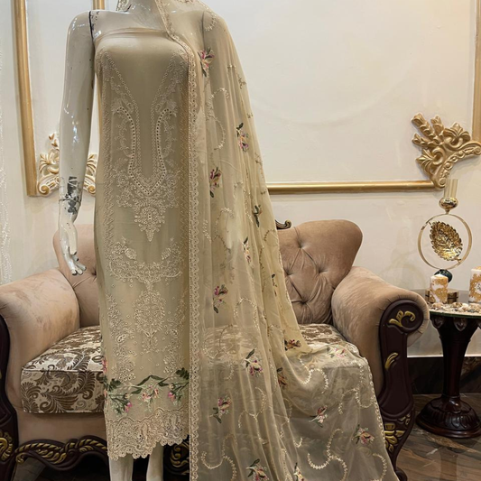 Elegant Embroidered Chiffon 3-Piece Unstitched Suit with Floral Dupatta