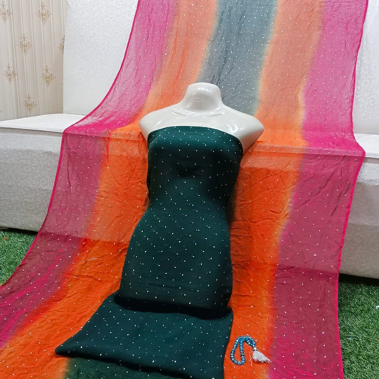 Title: Sequined Unstitched Suit with Multicolor Striped Dupatta