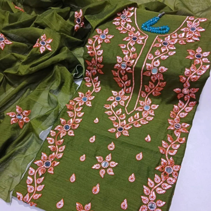 Embroidered Mirror Work 3-Piece Unstitched Suit with Matching Dupatta