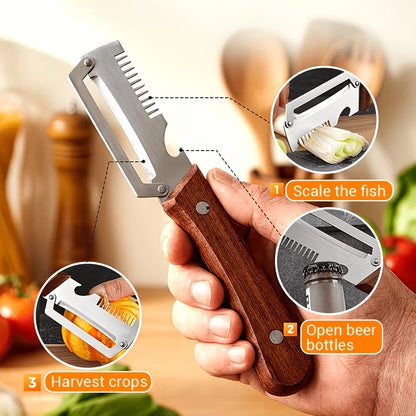Multifunctional Stainless Steel Kitchen Peeler & Fish Scaler with Wooden Handle