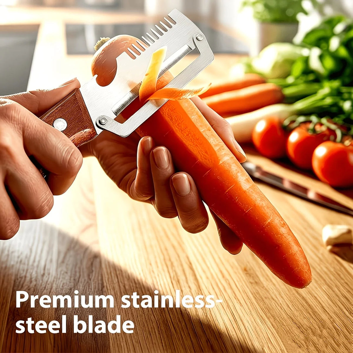 Multifunctional Stainless Steel Kitchen Peeler & Fish Scaler with Wooden Handle