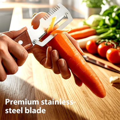 Multifunctional Stainless Steel Kitchen Peeler & Fish Scaler with Wooden Handle