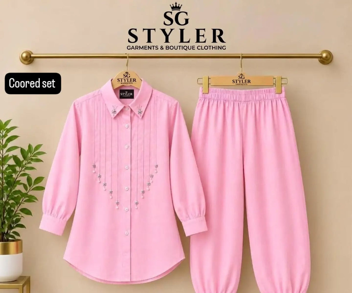 Elegant Pink Co-Ord Set for Girls | Chic Embroidered Shirt & Trousers
