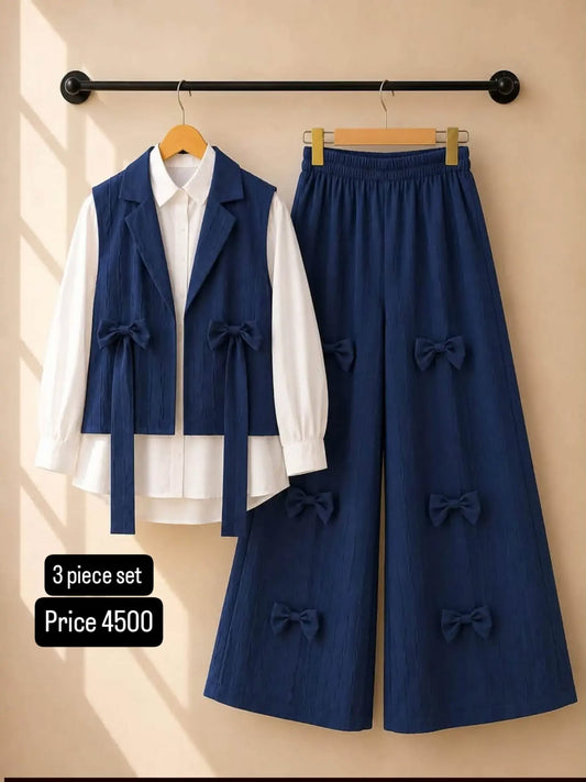 Elegant Navy Blue 3-Piece Girls’ Co-Ord Set | Bow Detail & Classic White Shirt