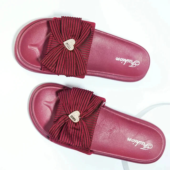 Vendora Ribbed Bow Platform Slides – Maroon