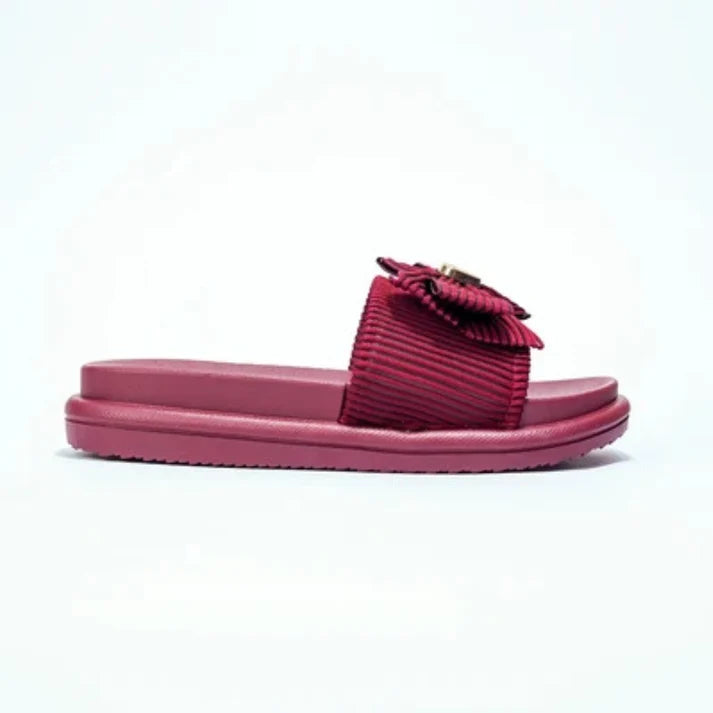 Vendora Ribbed Bow Platform Slides – Maroon