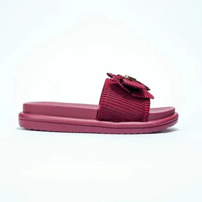 Vendora Ribbed Bow Platform Slides – Maroon