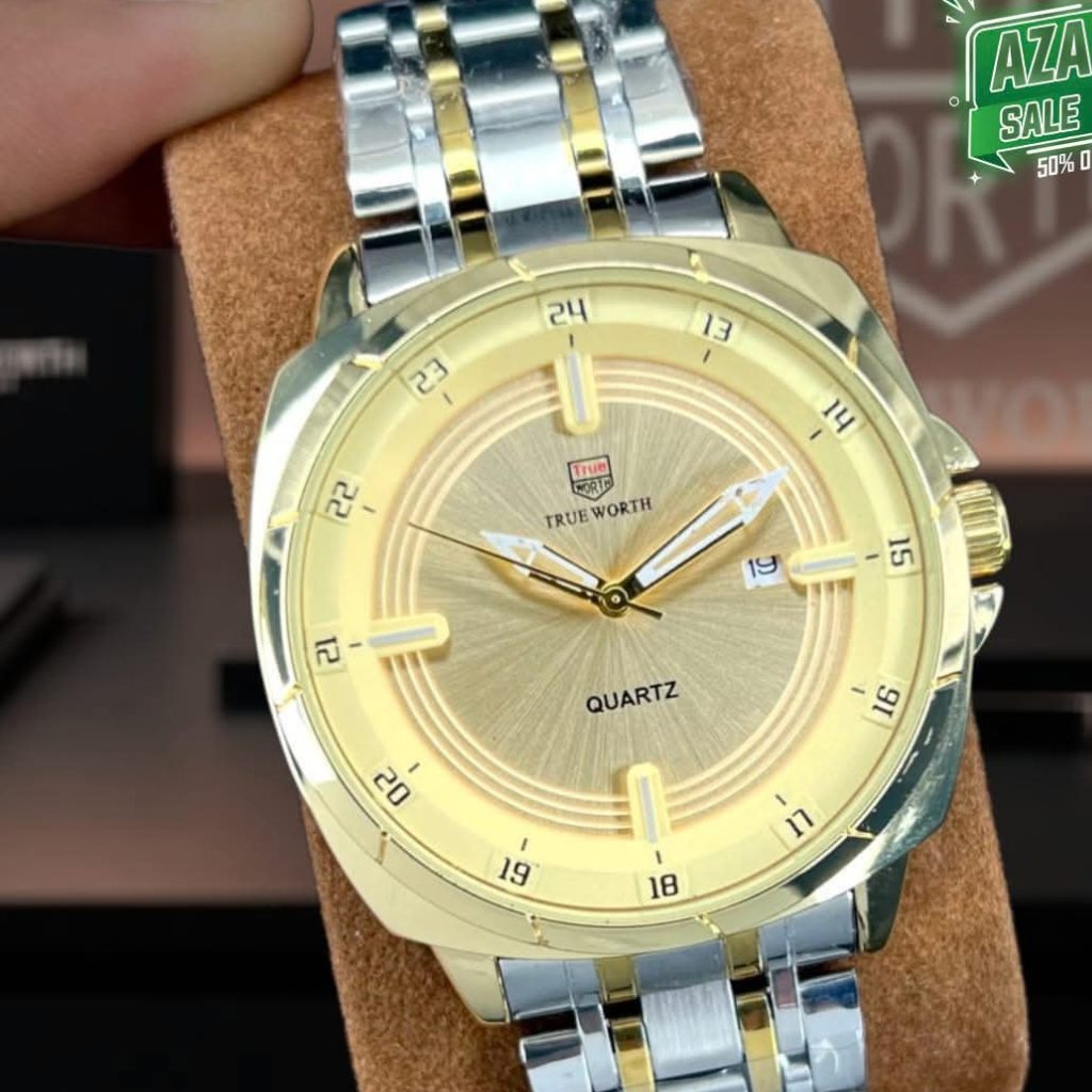 TRUE WORTH Luxury Two-Tone Analog Wristwatch – Gold Dial with 24-Hour Inner Scale